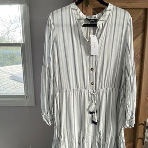 White & Blue Stripe Balloon Sleeve Dress